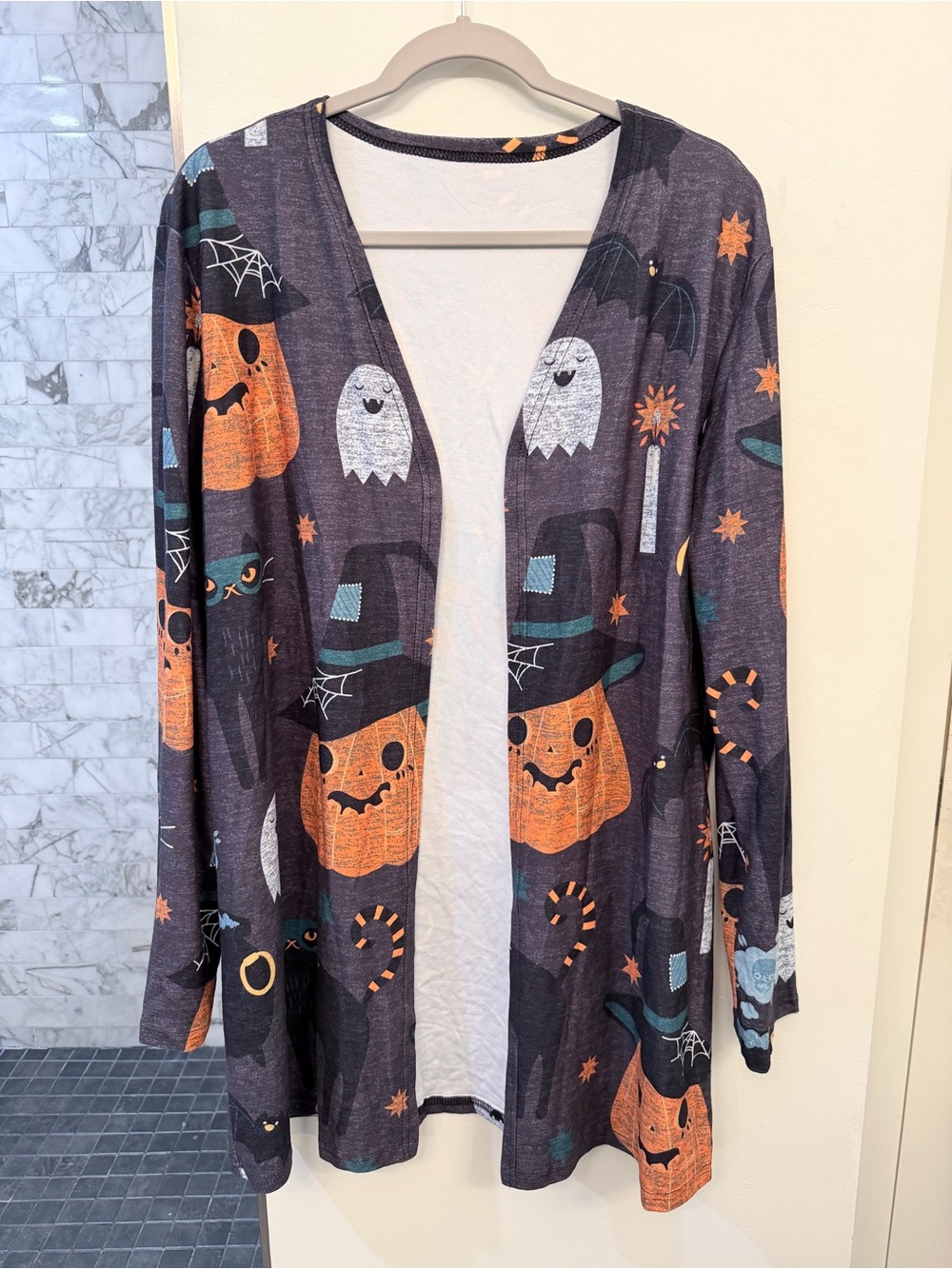 Halloween Women’s Bats, Black Cats, Pumpkins, and Ghosts Open Cardigan - Small